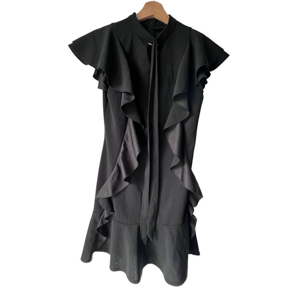 Women's black casual Elegant Dresses for Tie Neck Puff Short Sleeve Office S.